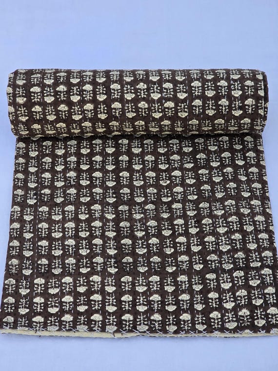 Brown Floral Kantha Quilt, Vintage Block Print Bedding, Handmade Cotton Bedspread