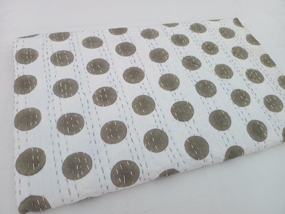 Polka Dot Kantha Quilt, Hand-Block Print Cotton Bedspread, Indian Vintage Quilt, Bohemian Twin Queen Bedcover, Hand-Stitched Floral Kantha