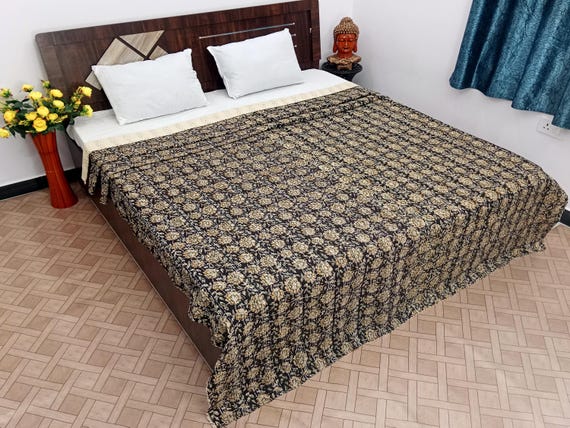 Kantha Quilt Bedding Hand Block Print Floral Blanket Indian Natural Color, Hand-Stitched Rural Kantha Bedding, Ethnic Home Décor Style