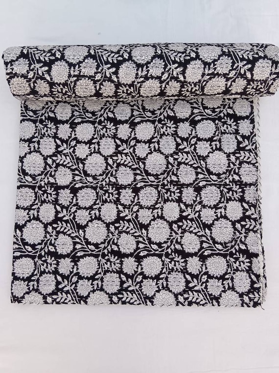 White Floral Kantha Quilt Handblock Print Black& white floral Kantha Indian Netural Colour Indian inspired Bedding Hand Stitched Rural throw