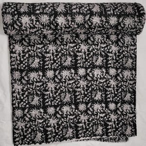 Black Floral Quilt Print Block Kantha & White Indian Bedding