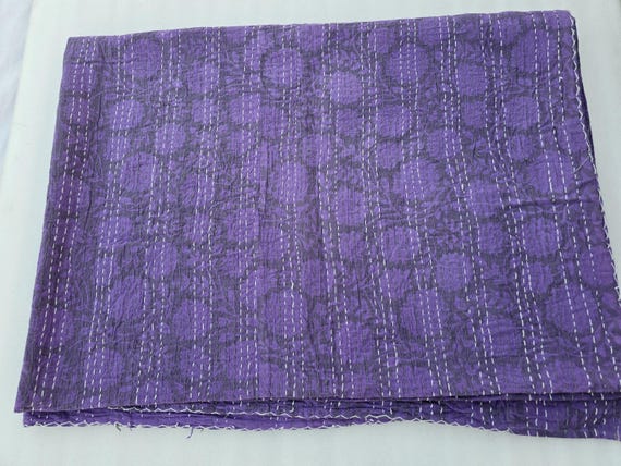Purple Floral Handmade Kantha Vintage Floral Block Print Bedding Vintage Bedding Quilt Gorgeous quilt that has the Perfect Vintage Look