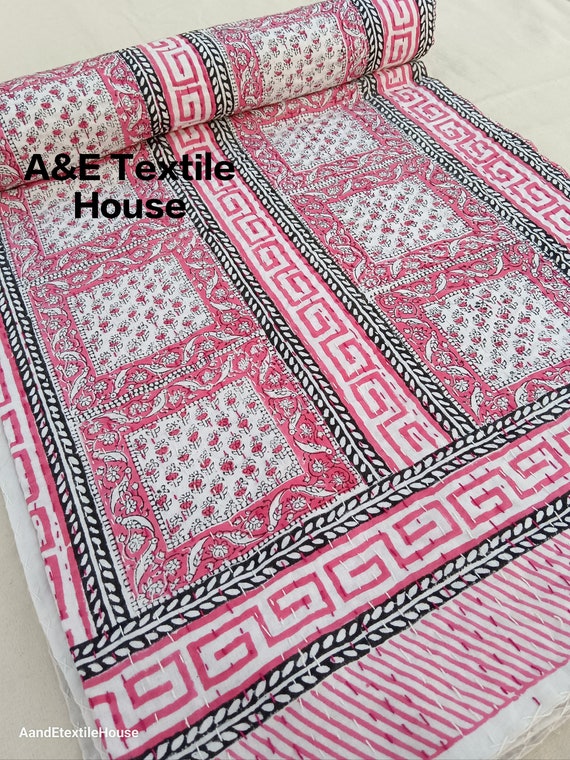 Pink Kantha Quilt Handblock Print floral Kantha Amanda Designed Indian Netural Colour Indian inspired Bedding Hand Stitched Rural Quilted