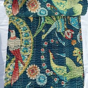 Indian Bird Print Bedding Bedspread Full size Queen Quilt Hand Stitched Kantha Quilt  Votary bird Quilt