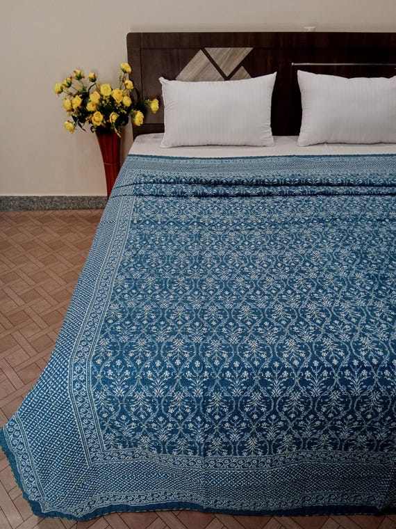 Luxury Kantha Blue King Quilt | Kantha Quilt Bedding Bedspread | Queen & King Size Quilt with 2Pillow Covers 18x28 inch Valentine’s Day Gift