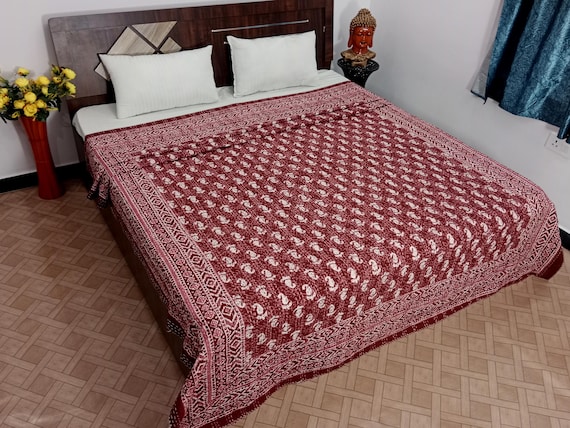 Premium Light Brown Bedspread, Queen & King Size Quilt, Hand-Stitched Kantha Design Unique Bedding Set