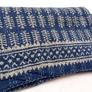 Premium Indigo Blue white Kantha Quilt Indian Hand Block Print Bedding Bedspread Queen Size cotton quilts navy in king size, Christmas Gift