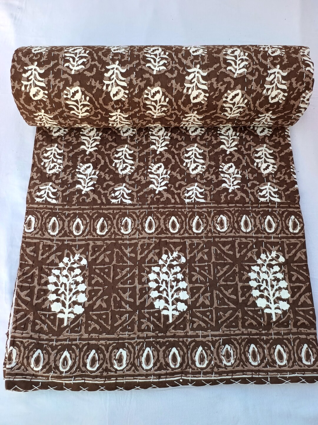 kantha quilt × hand block print dress Floral Hand Block Print Kantha Quilt, Chocolate Brown Boho Bedding