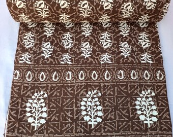 Floral Hand Block Print Kantha Quilt, Chocolate Brown Boho Bedding