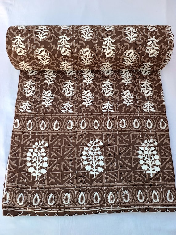 Premium Chocolate Brown Kantha Quilt blanket, Floral Hand block Print Indian Hand Stitched Quilt, Eco Friendly Natural Boho Bedding Throw