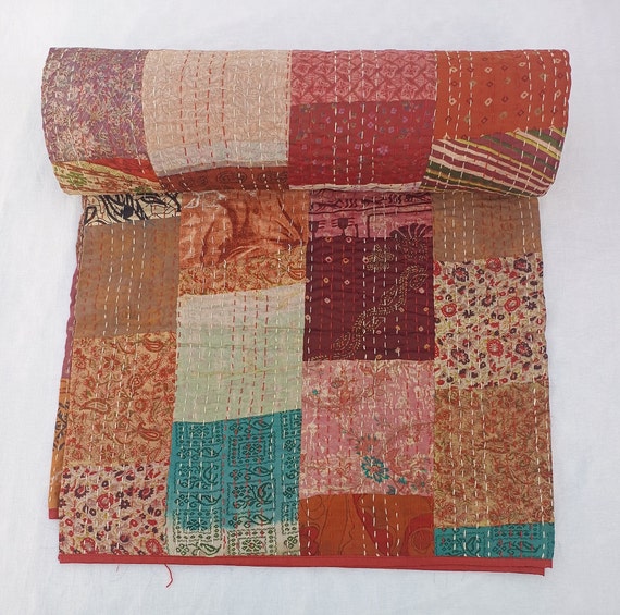 Handmade Patchwork Kantha Quilt: Vintage Indian Bedding Throw