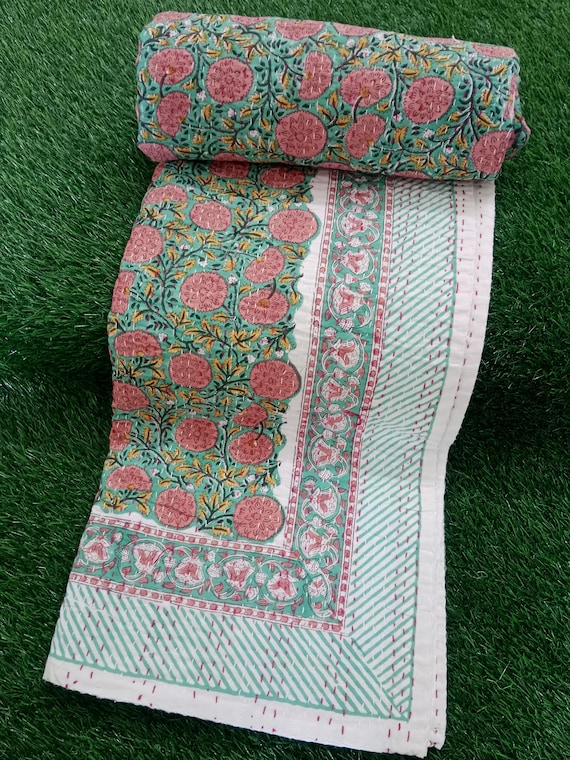 Pink Floral Block Print Kantha Quilt: Handmade Indian Cotton Boho Bedspread Queen Throw