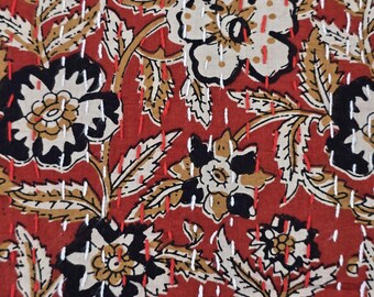 ブロックプリント　カンタキルト　レッド Red Floral Kantha Quilt, Hand Block Print Indian Inspired Bedding