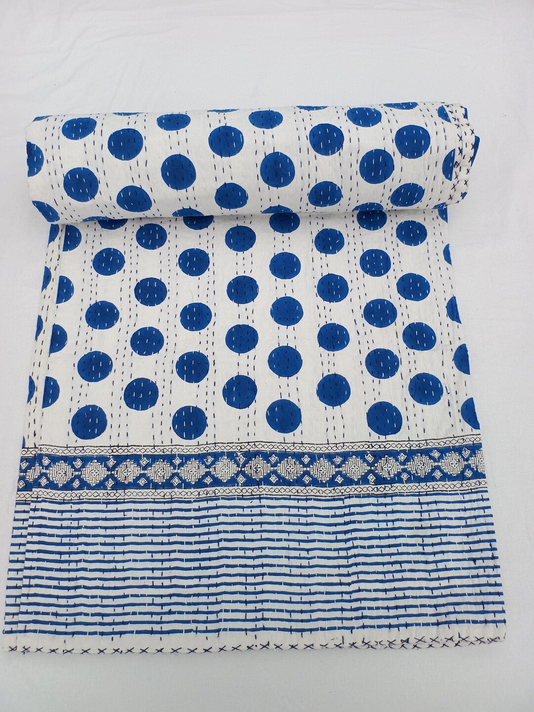 Indigo Blue Polka Dot Kantha Quilt: Handblock Print Cotton
