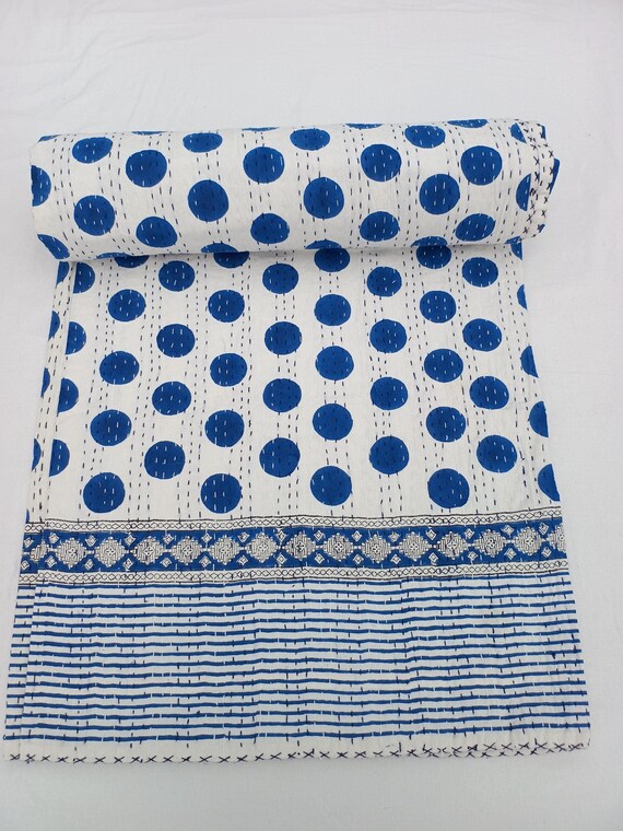 Polka Dot Indigo Blue Polka Dot Kantha Quilt Blue Indigo thorw Indian HandBlock Print Bedding Bedspread Full size Polka Dot cotton Quilted