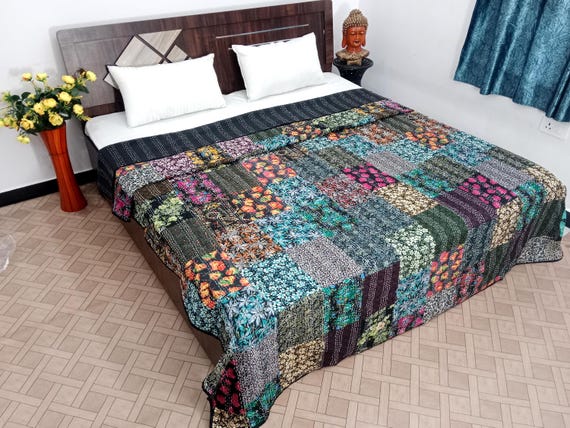 Indian Silk Patola Patchwork Kantha Quilt: Handmade Vintage Style