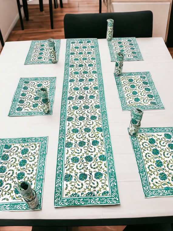 Hand Block Printed Premium Matching Runner With Napkins for 6 Seater with Premium Table Mat Set Hand Block Print