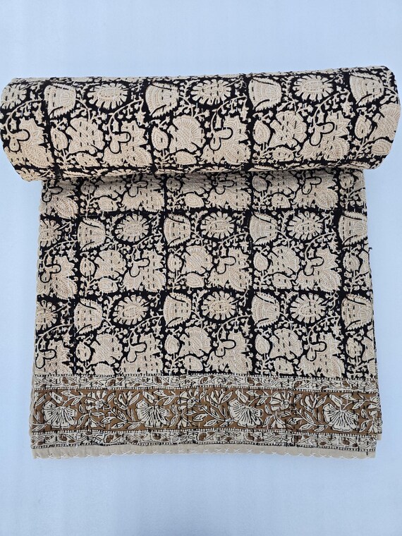 Kantha Quilt Bedding Hand Block Print Floral Blanket Indian Natural Color, Hand-Stitched Rural Kantha Bedding, Ethnic Home Décor Style