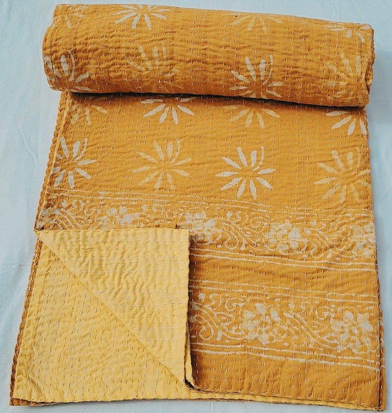 Leaf kantha quilt bedding bedspread queen size quilt Indian kantha throw Kantha Block Printed floral Kantha Quilt Handblock Print floral
