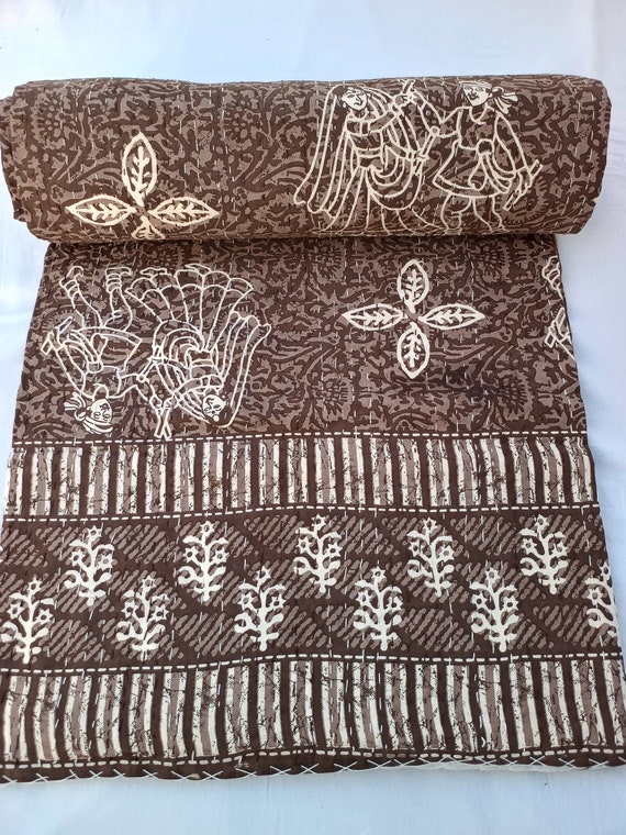 Chocolate Brown Kantha Quilt Kantha Quilt Handblock Print Indian Netural Colour floral print Quilt Hand Stitched Natural vegetable dye