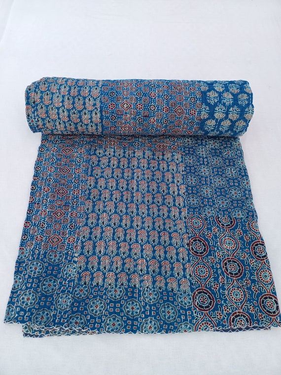 Ajrak or Ajrakh is a unique block printed textile. It displays special traditional designs and patterns Ajrak Vintage design kantha quilt
