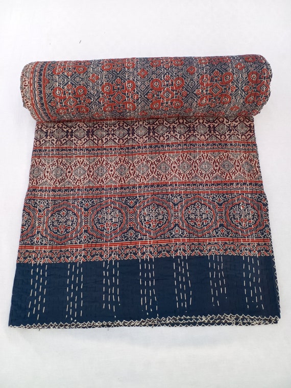 Ajrak or Ajrakh is a unique block printed textile. It displays special traditional designs and patterns Ajrak Vintage design kantha quilt