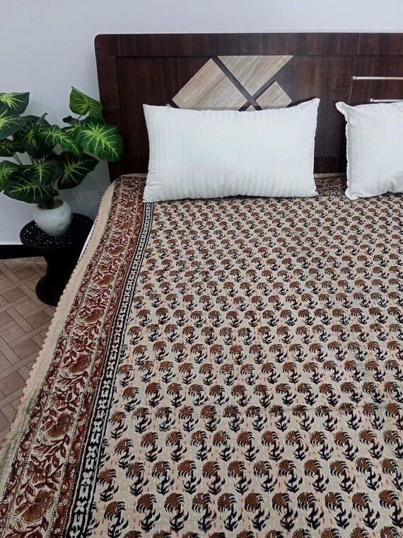 Hand Block Print Kantha Quilt: Floral Indian Blanket, Natural Color