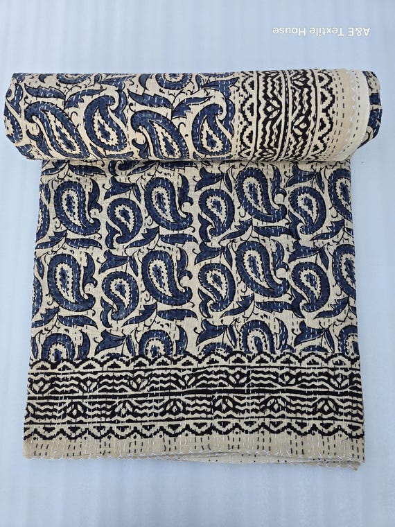 Kantha Quilt Bedding Hand Block Print Floral Blanket Indian Natural Color, Hand-Stitched Rural Kantha Bedding, Ethnic Home Décor Style