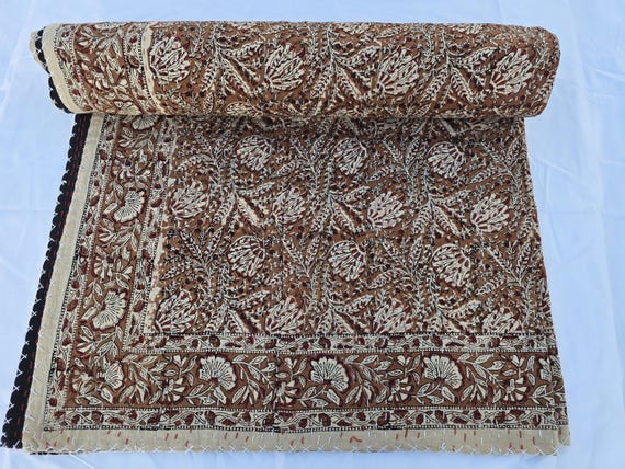 Kantha Quilt Bedding Hand Block Print Floral Blanket, Indian Natural Color, Hand-Stitched Rural Kantha Bedding, Ethnic Home Décor Style