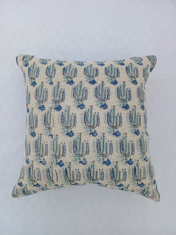Linen Cushion 1 Pieces 16x16 inches Handblock print Floral Cushion Covers Linen Fabric 16x16 Inches Size Handblock print Natural Colour