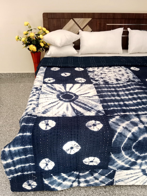 Block Print Quilt Reversible Queen Size Kantha Quilt, Indian Cotton Jaipuri Bedspread,