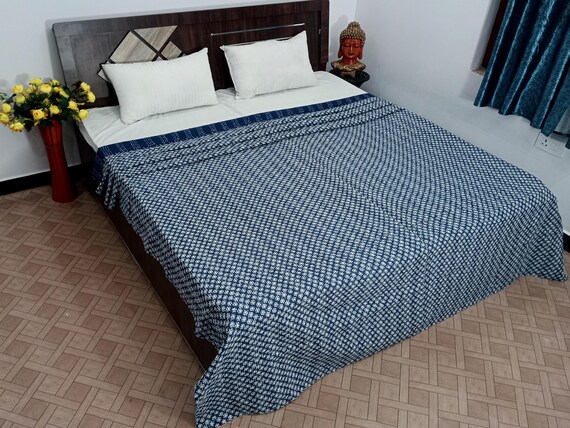 Indigo Kantha Quilt: Hand Block Print Floral Cotton Blanket