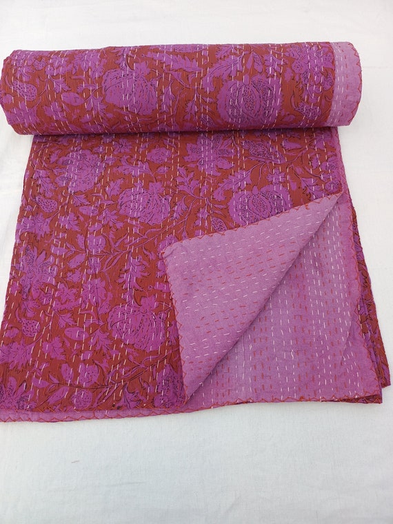Floral Kantha Quilt Vintage Block Print Bedding