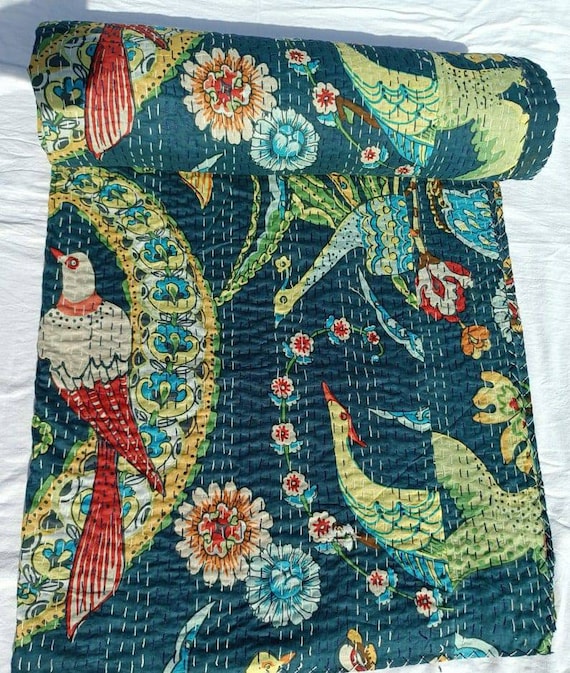 Hand Stitched Kantha Quilt: Indian Bird Print Cotton Bedspread