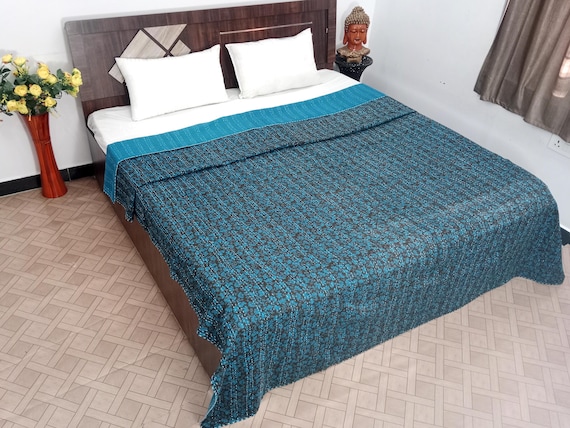 Floral Kantha Quilt: Hand Block Print Cotton Bedspread