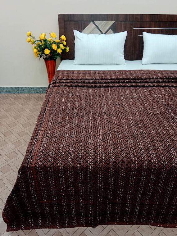 Brown Kantha Quilt Elisa Kantha Quilt Handblock Print Indian Netural Colour floral print Quilt Hand Stitched Natural vegetable dye