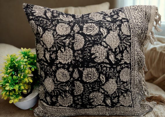 Hand Block Print Pillow Cover: Handmade Cotton Fringe Cushion Pillow Cover 20x20