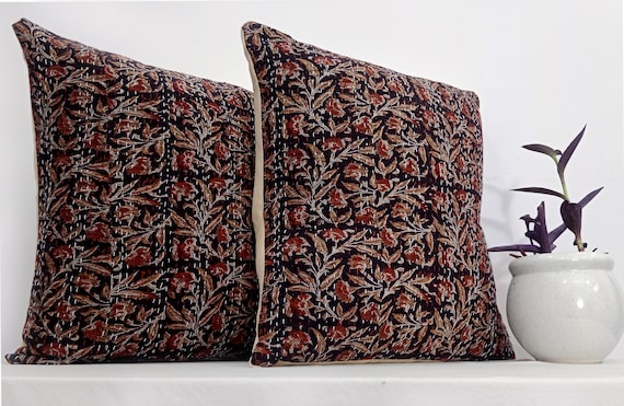 Premium Pillows Cushion Cover Customize Size Shames Pillows, Hand block Print  Handmade Kantha Work Hand stitched Pillow, Boho Pillowcase