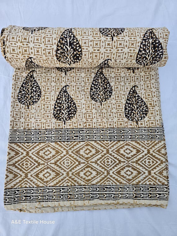 Kantha Quilt Bedding Hand Block Print Floral Blanket Indian Natural Color, Hand-Stitched Rural Kantha Bedding, Ethnic Home Décor Style