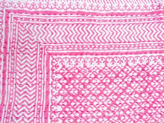 Handmade Pink Kantha Quilt: Floral Hand-Stitched Indian Cotton Bedspread