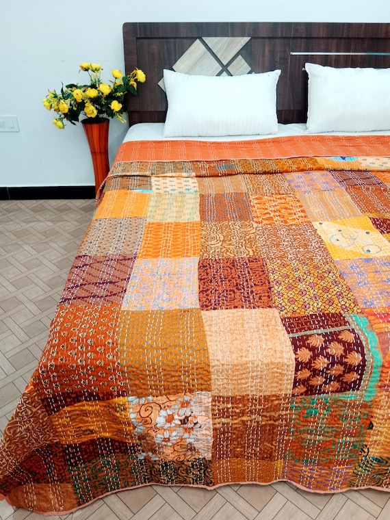 Handmade Patchwork Kantha Quilt: Vintage Indian Bedding  Bedspread