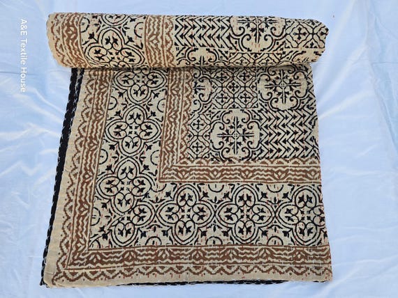 Kantha Quilt Bedding Hand Block Print Floral Blanket Indian Natural Color, Hand-Stitched Rural Kantha Bedding, Ethnic Home Décor Style
