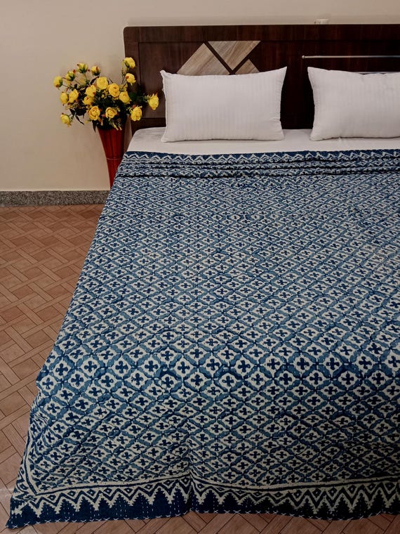 Premium Indigo Blue Handmade Kantha Quilt Pure Cotton Hand Dyed Kantha Throw, Machine Washable Blue double Kantha quilt  Home Decor Blankets