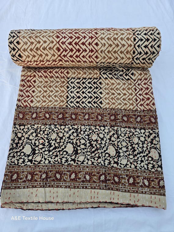 Kantha Quilt Bedding Hand Block Print Floral Blanket Indian Natural Color, Hand-Stitched Rural Kantha Bedding, Ethnic Home Décor Style