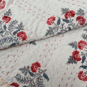 Asian design full size quilt for sale handmade Indian Block print bedding bedspread full size Kantha Quilted