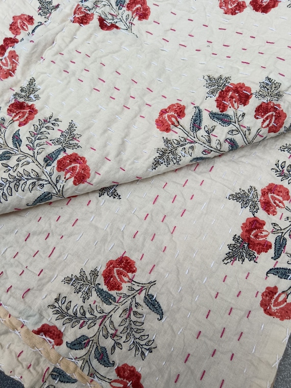 Asian design full size quilt for sale handmade Indian Block print bedding bedspread full size Kantha Quilted