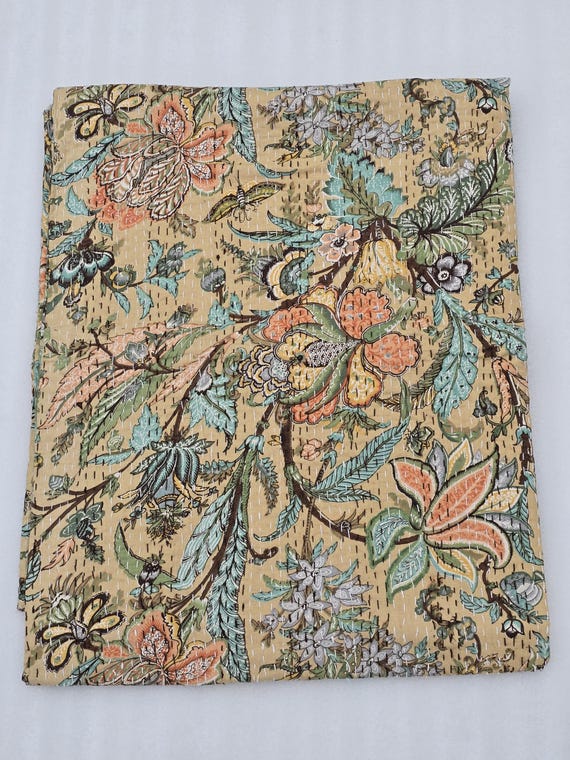 Floral Kantha Quilt: Hand-Stitched Indian Bedding Bedspread floral printed cotton quilt Christmas Gifts kantha quilt, cotton kantha