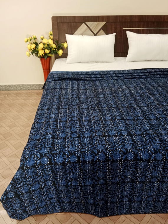 Blue Floral Design Kantha Quilt Handblock Print Blue floral Kantha Indian Netural blue Colour Indian inspired Bedding Hand Stitched Quilted