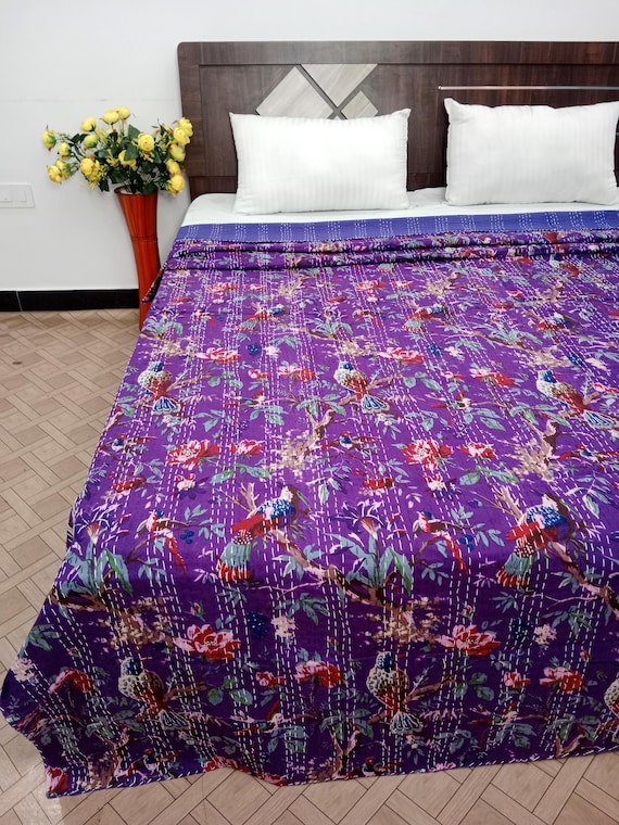 Hand Stitched Floral Kantha Quilt: Indian Cotton Bedding