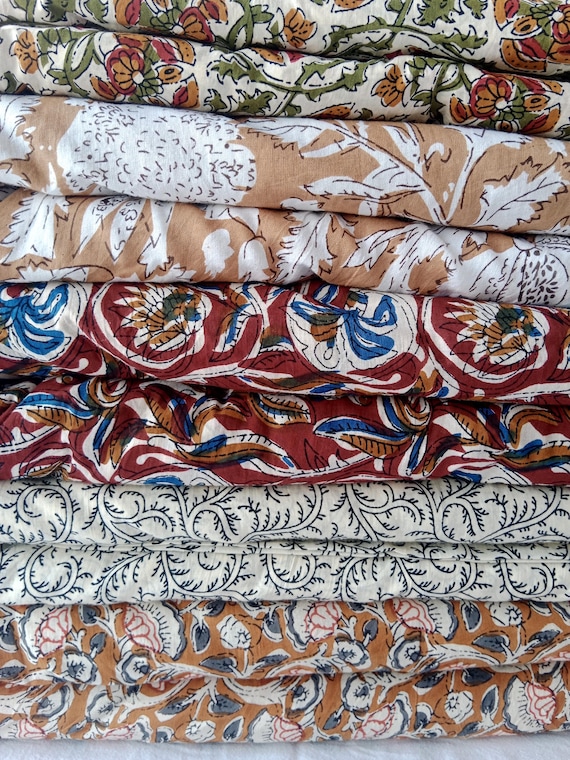 Floral Print Hand Block Printed Cotton Fabric: Lightweight Upholstery & Crafting Block Print Fabric